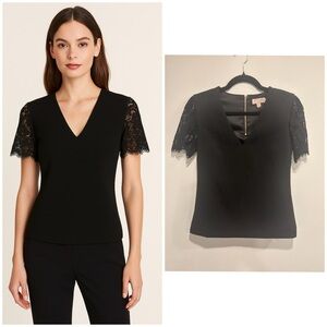 Ted Baker Black Dress with Gold Zip and Lace Sleeves (Size 0)
